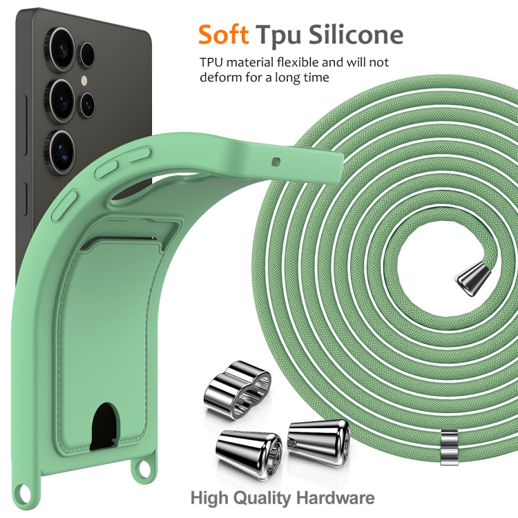 For Samsung Galaxy S25 Ultra 5G Integrated Card Bag Solid Color Liquid Silicone Phone Case with Lanyard(Green)