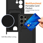 For Samsung Galaxy S25 Ultra 5G Integrated Card Bag Solid Color Liquid Silicone Phone Case with Lanyard(Black)