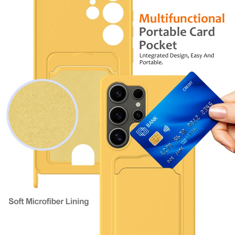 For Samsung Galaxy S25 Ultra 5G Integrated Card Bag Solid Color Liquid Silicone Phone Case with Lanyard(Yellow)