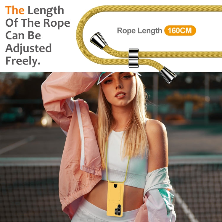 For Samsung Galaxy S25 Ultra 5G Integrated Card Bag Solid Color Liquid Silicone Phone Case with Lanyard(Yellow)