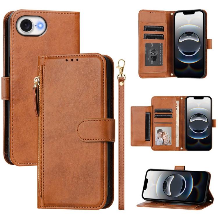 For iPhone 16e Multi-Card Slots Zipper Wallet Leather Phone Case(Brown) - iPhone 16e Cases by PMC TechLife | Online Shopping South Africa | PMC TechLife | Buy Now Pay Later Mobicred