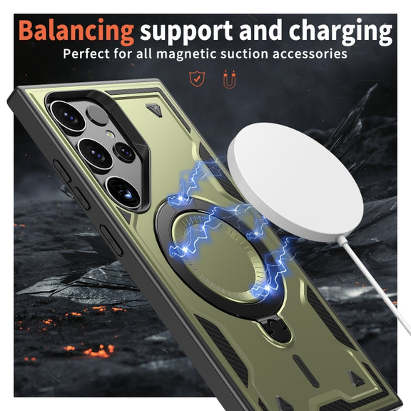 For Samsung Galaxy S25 Ultra 5G PC Hybrid TPU Armor MagSafe Ring Holder Phone Case(Olive Green)