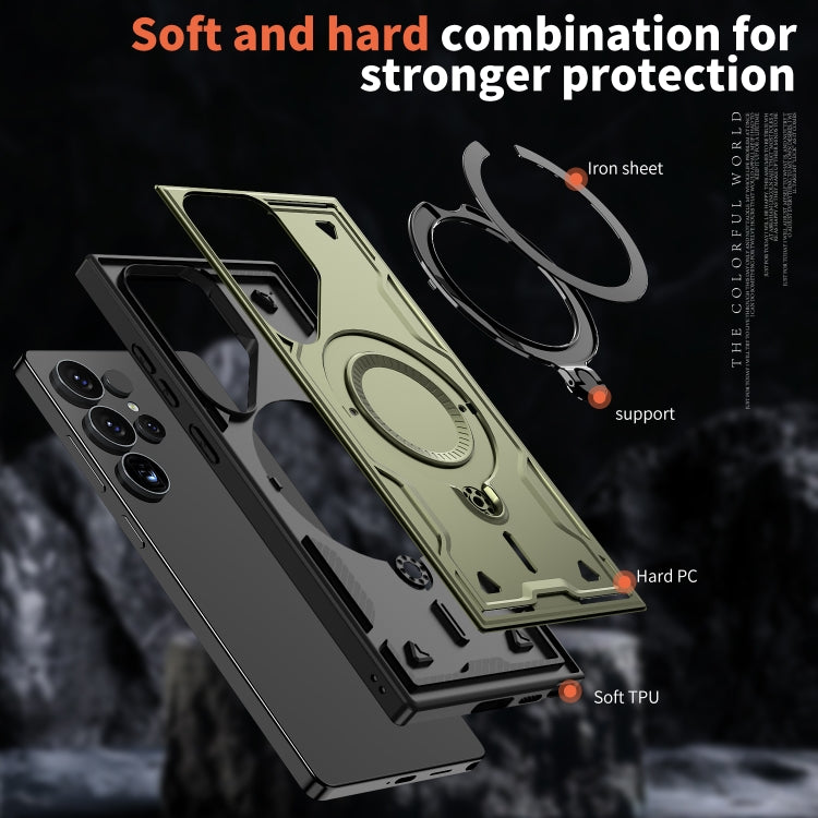 For Samsung Galaxy S25 Ultra 5G PC Hybrid TPU Armor MagSafe Ring Holder Phone Case(Olive Green)
