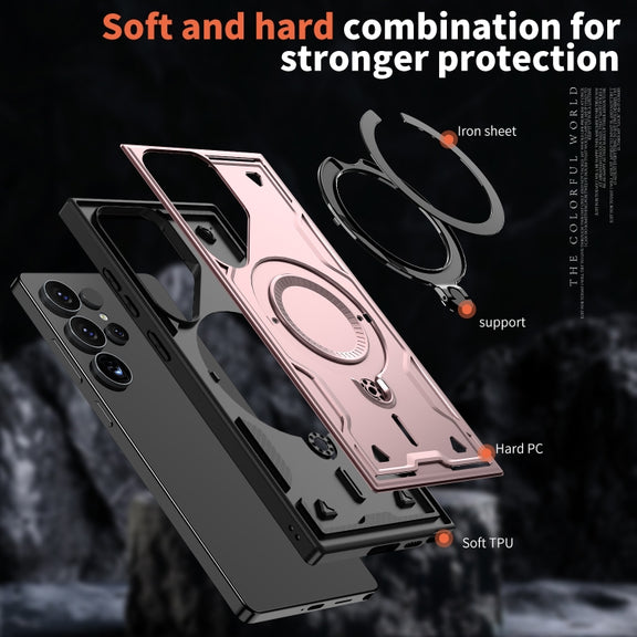 For Samsung Galaxy S25 Ultra 5G PC Hybrid TPU Armor MagSafe Ring Holder Phone Case(Rose Gold)