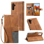 For Samsung Galaxy S25 5G TTUDRCH Embossed Line Splicing Leather Phone Case(Brown)