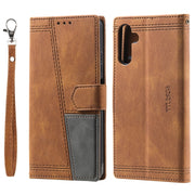 For Samsung Galaxy S25 5G TTUDRCH Embossed Line Splicing Leather Phone Case(Brown)