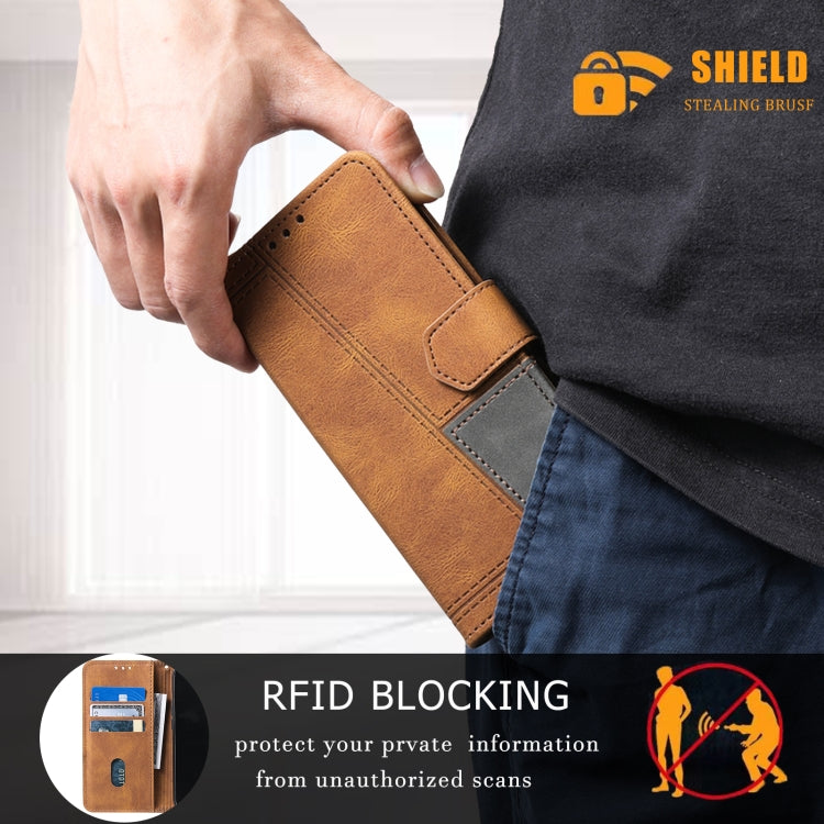 For Samsung Galaxy S25 5G TTUDRCH Embossed Line Splicing Leather Phone Case(Brown)