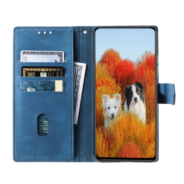 For Samsung Galaxy S25 5G TTUDRCH Embossed Line Splicing Leather Phone Case(Blue)
