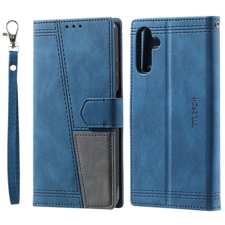 For Samsung Galaxy S25+ 5G TTUDRCH Embossed Line Splicing Leather Phone Case(Blue)