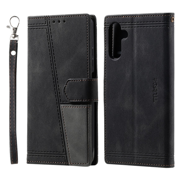 For Samsung Galaxy S25+ 5G TTUDRCH Embossed Line Splicing Leather Phone Case(Black)
