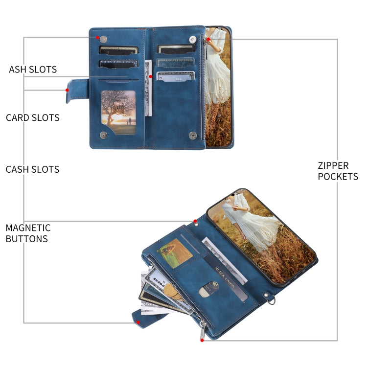 For Samsung Galaxy S25 5G Grid Texture Zipper Leather Phone Case with Lanyard(Blue)