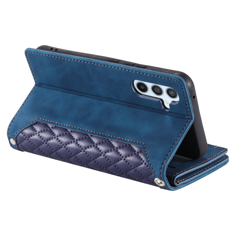 For Samsung Galaxy S25 5G Grid Texture Zipper Leather Phone Case with Lanyard(Blue)