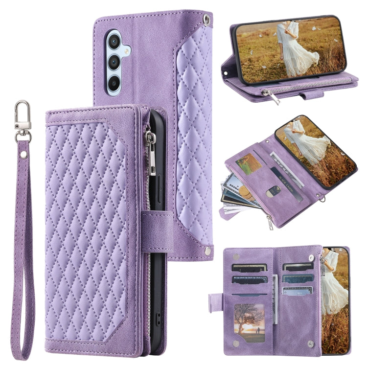 For Samsung Galaxy S25 5G Grid Texture Zipper Leather Phone Case with Lanyard(Purple) - Galaxy S25 5G Cases by PMC Jewellery | Online Shopping South Africa | PMC Jewellery | Buy Now Pay Later Mobicred