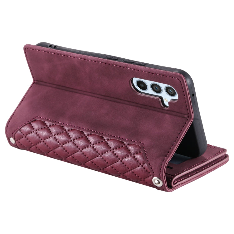 For Samsung Galaxy S25 5G Grid Texture Zipper Leather Phone Case with Lanyard(Wine Red) - Galaxy S25 5G Cases by PMC Jewellery | Online Shopping South Africa | PMC Jewellery | Buy Now Pay Later Mobicred