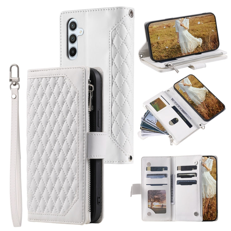 For Samsung Galaxy S25 5G Grid Texture Zipper Leather Phone Case with Lanyard(White) - Galaxy S25 5G Cases by PMC Jewellery | Online Shopping South Africa | PMC Jewellery | Buy Now Pay Later Mobicred