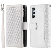 For Samsung Galaxy S25 5G Grid Texture Zipper Leather Phone Case with Lanyard(White)
