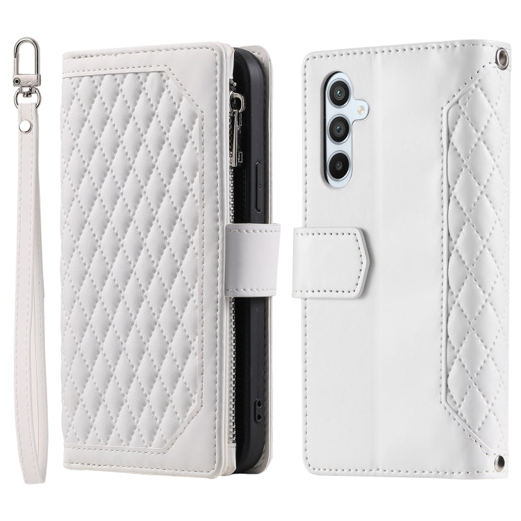 For Samsung Galaxy S25 5G Grid Texture Zipper Leather Phone Case with Lanyard(White)