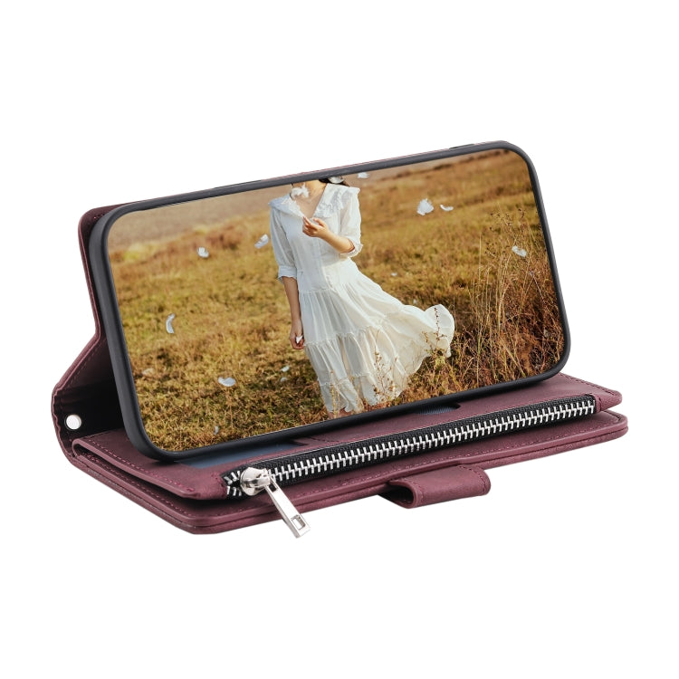 For Samsung Galaxy S25+ 5G Grid Texture Zipper Leather Phone Case with Lanyard(Wine Red) - Galaxy S25+ 5G Cases by PMC Jewellery | Online Shopping South Africa | PMC Jewellery | Buy Now Pay Later Mobicred