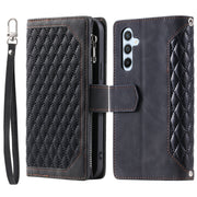For Samsung Galaxy S25+ 5G Grid Texture Zipper Leather Phone Case with Lanyard(Black)