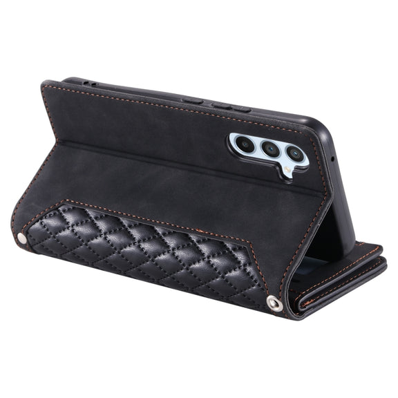 For Samsung Galaxy S25+ 5G Grid Texture Zipper Leather Phone Case with Lanyard(Black)