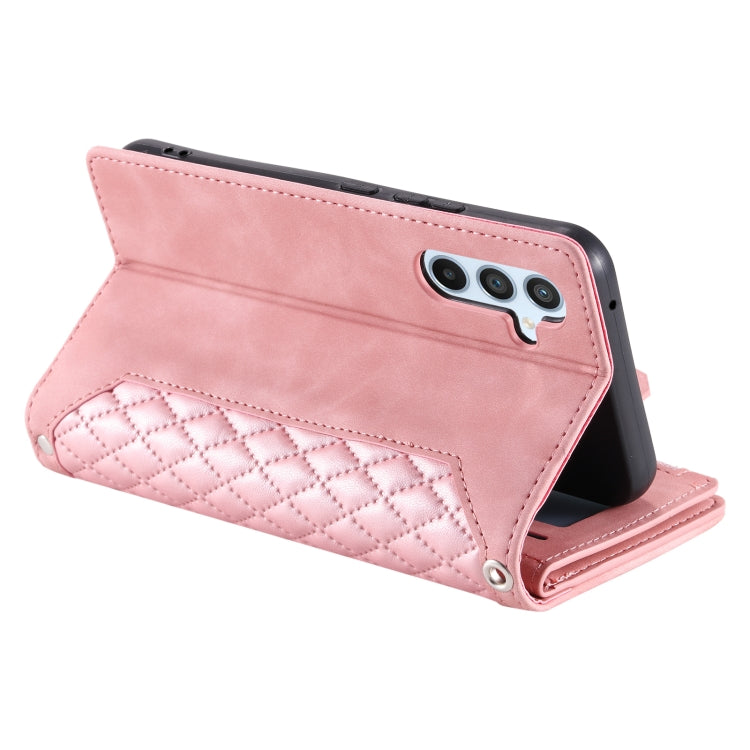 For Samsung Galaxy S25+ 5G Grid Texture Zipper Leather Phone Case with Lanyard(Rose Gold) - Galaxy S25+ 5G Cases by PMC Jewellery | Online Shopping South Africa | PMC Jewellery | Buy Now Pay Later Mobicred
