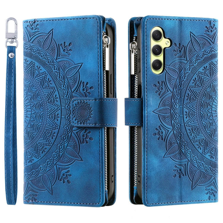 For Samsung Galaxy S25+ 5G Multi-Card Totem Zipper Leather Phone Case(Blue)