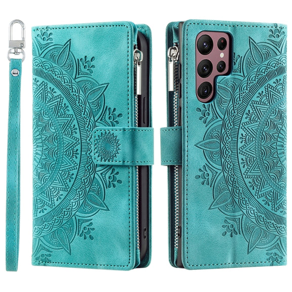 For Samsung Galaxy S25 Ultra 5G Multi-Card Totem Zipper Leather Phone Case(Green)