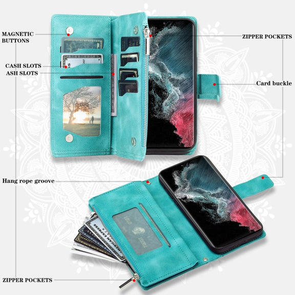 For Samsung Galaxy S25 Ultra 5G Multi-Card Totem Zipper Leather Phone Case(Green)