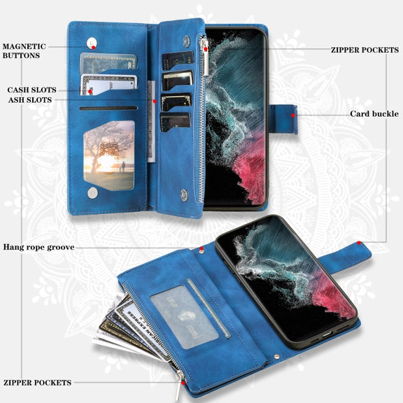 For Samsung Galaxy S25 Ultra 5G Multi-Card Totem Zipper Leather Phone Case(Blue)