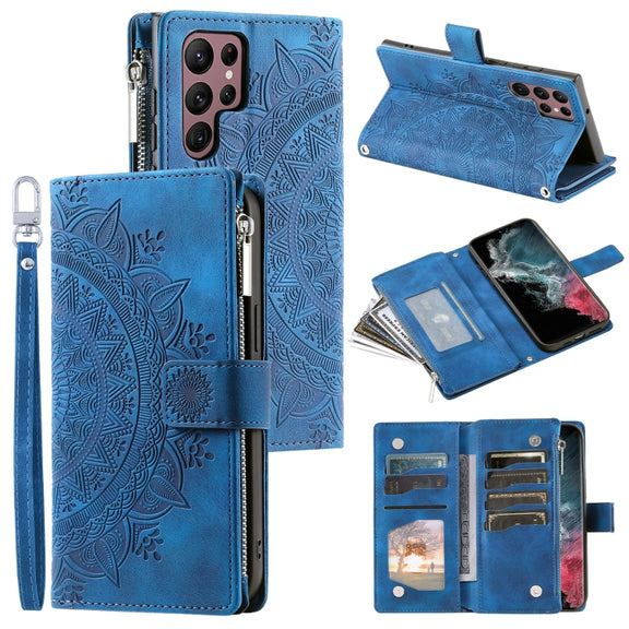 For Samsung Galaxy S25 Ultra 5G Multi-Card Totem Zipper Leather Phone Case(Blue)