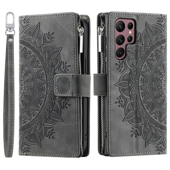For Samsung Galaxy S25 Ultra 5G Multi-Card Totem Zipper Leather Phone Case(Grey)