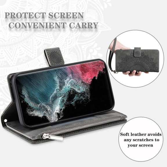 For Samsung Galaxy S25 Ultra 5G Multi-Card Totem Zipper Leather Phone Case(Grey)