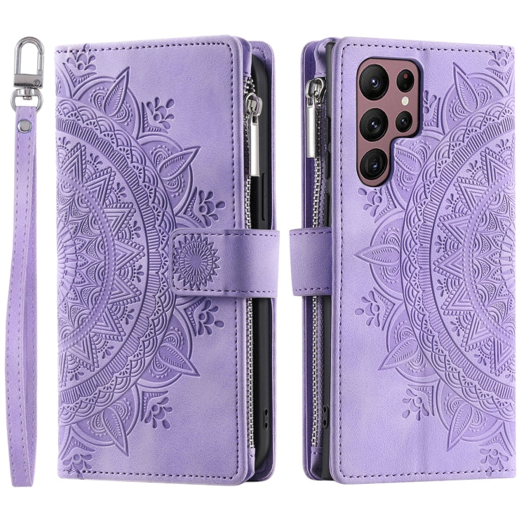 For Samsung Galaxy S25 Ultra 5G Multi-Card Totem Zipper Leather Phone Case(Purple)