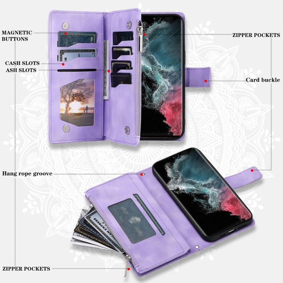 For Samsung Galaxy S25 Ultra 5G Multi-Card Totem Zipper Leather Phone Case(Purple)