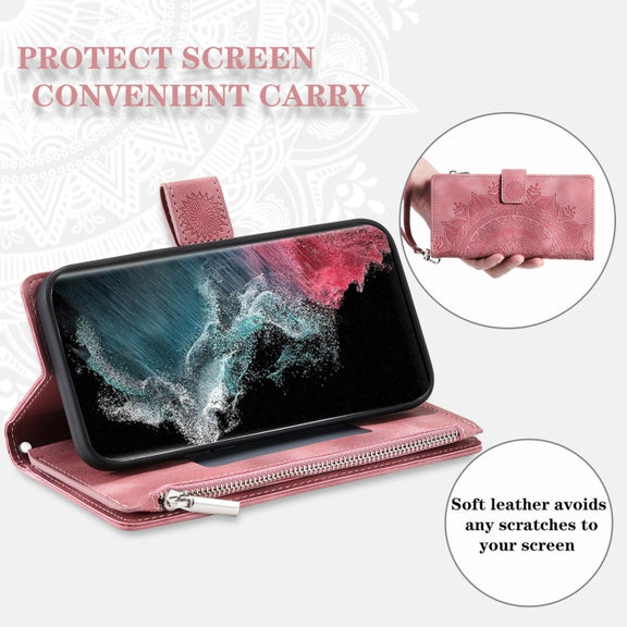 For Samsung Galaxy S25 Ultra 5G Multi-Card Totem Zipper Leather Phone Case(Pink)