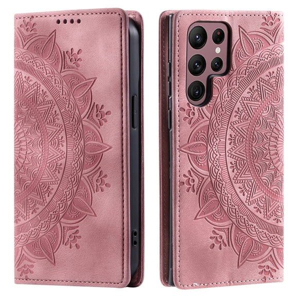 For Samsung Galaxy S25 Ultra 5G Totem Embossed Magnetic Leather Phone Case(Rose Gold)