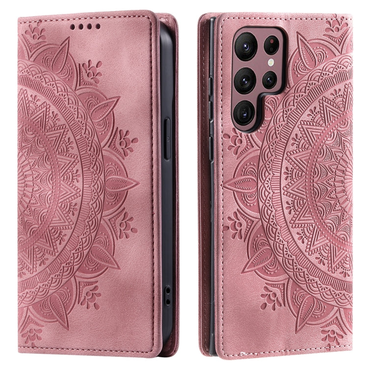 For Samsung Galaxy S25 Ultra 5G Totem Embossed Magnetic Leather Phone Case(Rose Gold)