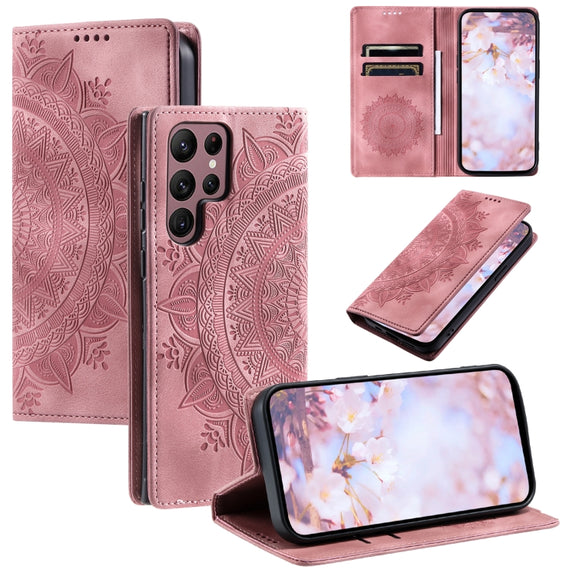 For Samsung Galaxy S25 Ultra 5G Totem Embossed Magnetic Leather Phone Case(Rose Gold)