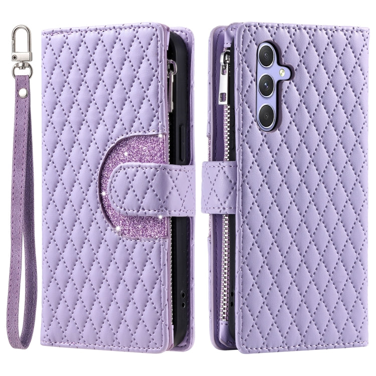 For Samsung Galaxy S25 5G Glitter Lattice Zipper Wallet Leather Phone Case(Purple)
