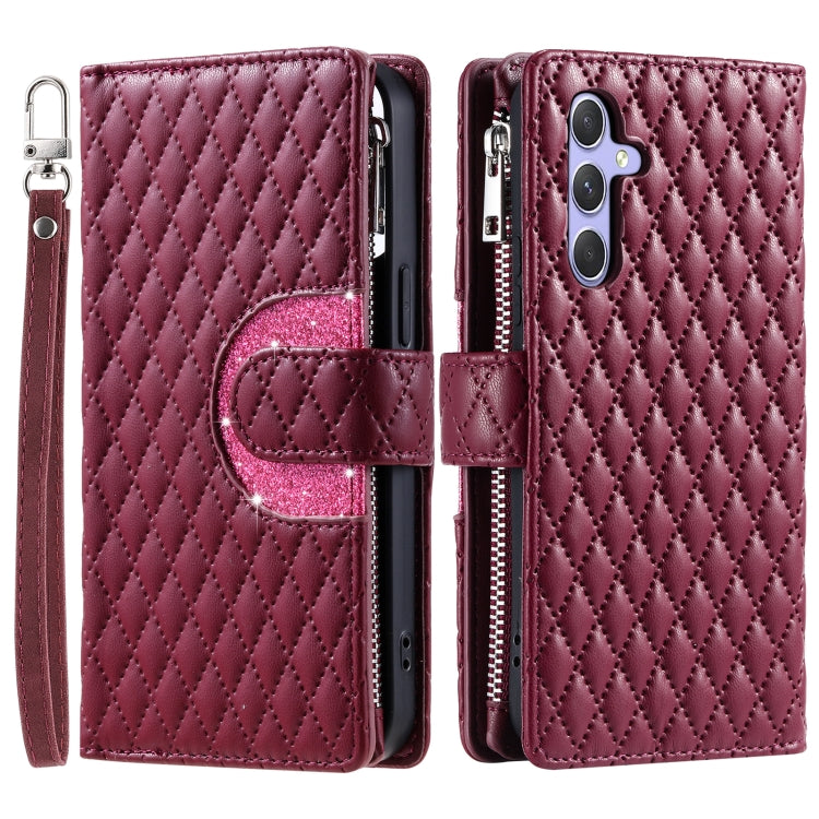 For Samsung Galaxy S25 5G Glitter Lattice Zipper Wallet Leather Phone Case(Wine Red)