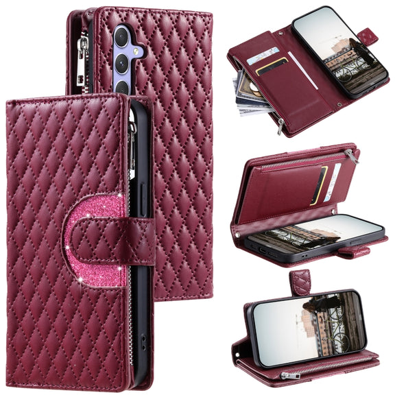 For Samsung Galaxy S25 5G Glitter Lattice Zipper Wallet Leather Phone Case(Wine Red)