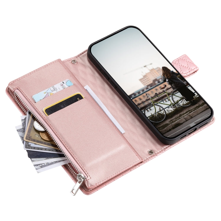 For Samsung Galaxy S25 5G Glitter Lattice Zipper Wallet Leather Phone Case(Rose Gold)