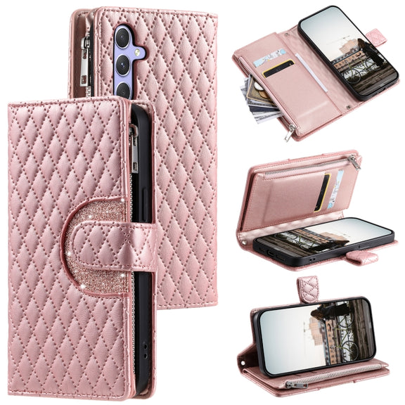 For Samsung Galaxy S25 5G Glitter Lattice Zipper Wallet Leather Phone Case(Rose Gold)