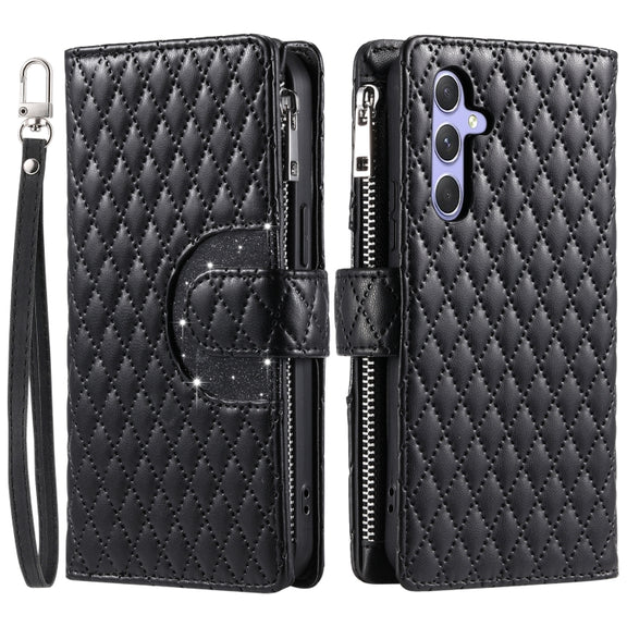 For Samsung Galaxy S25+ 5G Glitter Lattice Zipper Wallet Leather Phone Case(Black)