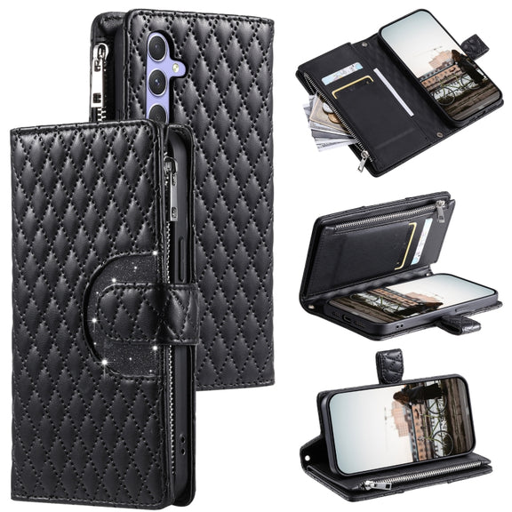 For Samsung Galaxy S25+ 5G Glitter Lattice Zipper Wallet Leather Phone Case(Black)
