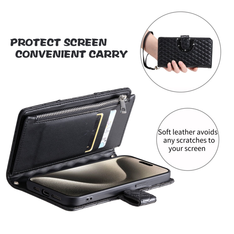 For Samsung Galaxy S25+ 5G Glitter Lattice Zipper Wallet Leather Phone Case(Black)