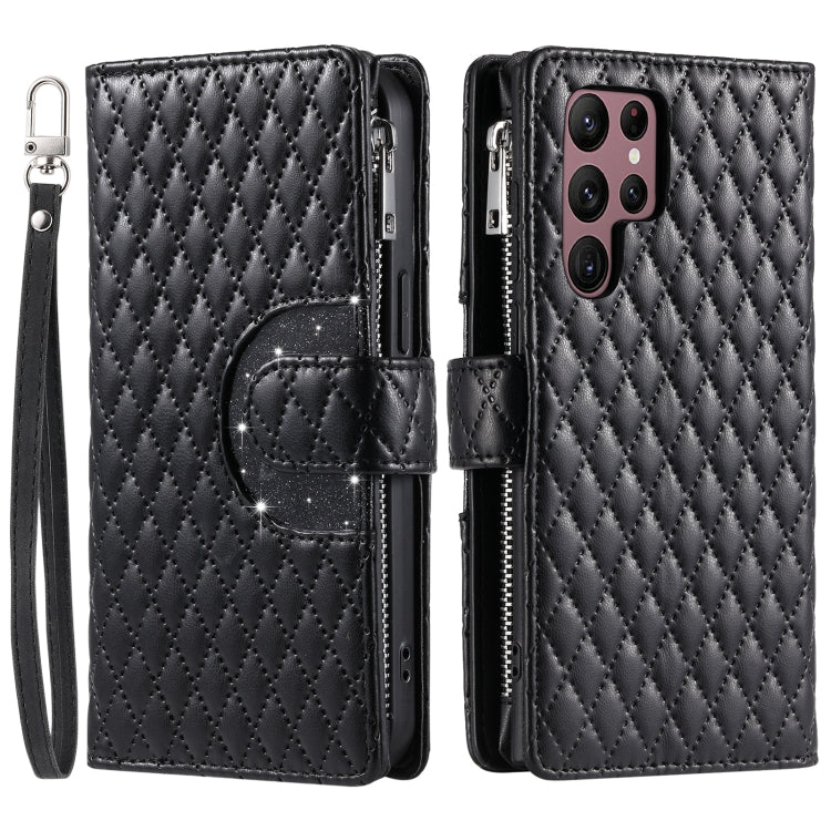 For Samsung Galaxy S25 Ultra 5G Glitter Lattice Zipper Wallet Leather Phone Case(Black)