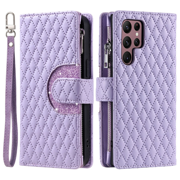 For Samsung Galaxy S25 Ultra 5G Glitter Lattice Zipper Wallet Leather Phone Case(Purple)