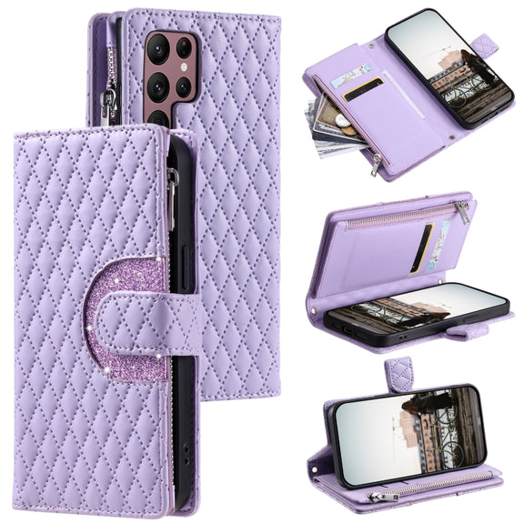 For Samsung Galaxy S25 Ultra 5G Glitter Lattice Zipper Wallet Leather Phone Case(Purple)