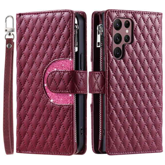 For Samsung Galaxy S25 Ultra 5G Glitter Lattice Zipper Wallet Leather Phone Case(Wine Red)